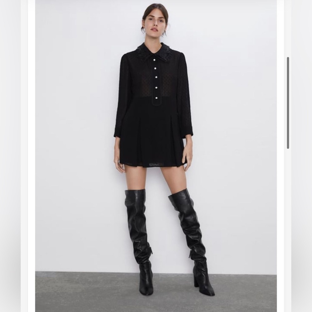 Zara black dot mesh romper with jewel buttons and lace collar